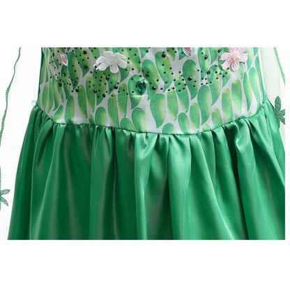 Elsa Green Dress for Kids Girl Princess  Costume Dresses  Children Long Cloak Floral Lace Ball Gown Summer