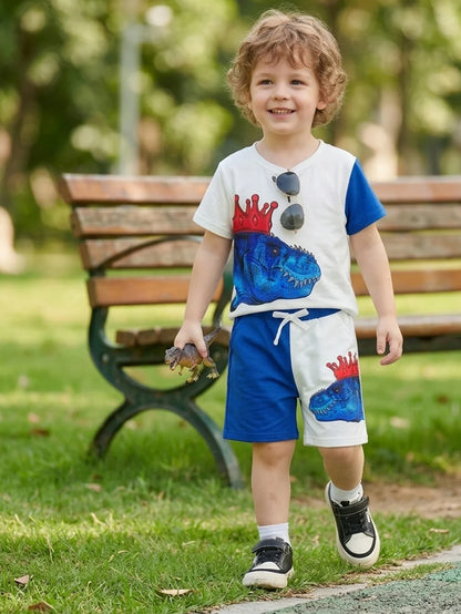 Summer Boys Clothes Set Dinosaur Print Color Block T-shirt Shorts 2Pcs 1-8 Years Toddler Kids Breathable Sporty Casual Outfit