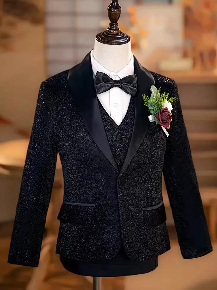 Boys Black Shining Jacket Vest Pants Host Photography Suit Children Luxurious Performance Costume Kids Wedding Tuxedo Dress