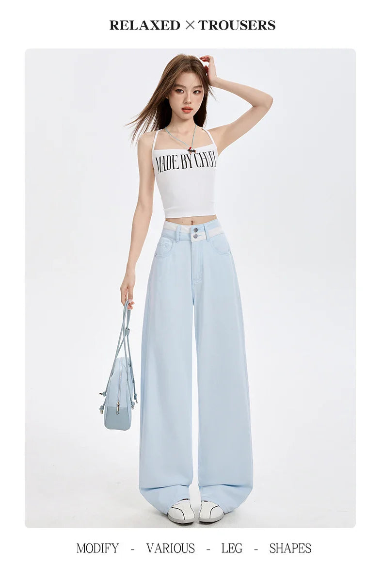 Loose Casual Wide Leg Denim Pants Summer New Thin 100% Cotton Women's High Waist Y2K Contrast Stitching All Match Baggy Jeans