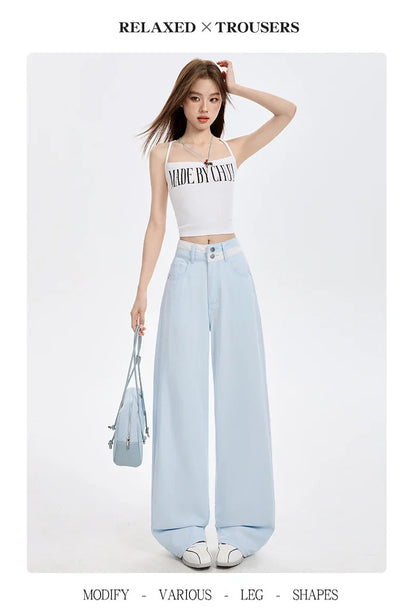 Loose Casual Wide Leg Denim Pants Summer New Thin 100% Cotton Women's High Waist Y2K Contrast Stitching All Match Baggy Jeans