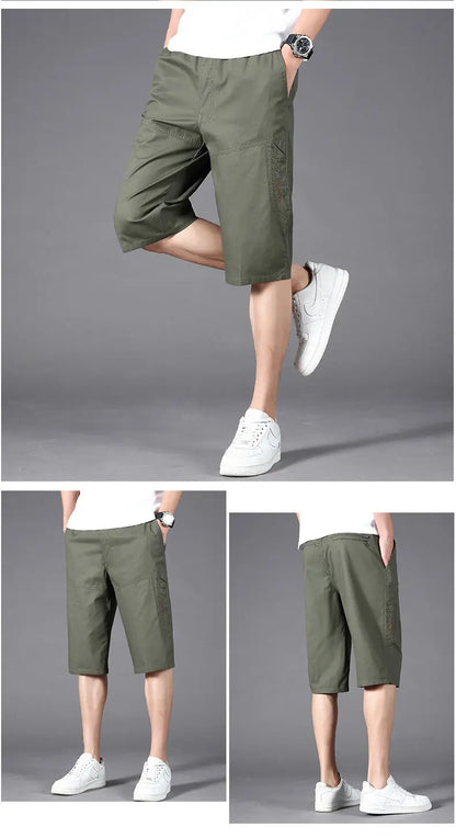 Men's Cargo Shorts Casual Hiking Fishing Shorts Big Size Mens Fashion Zipper Pockets Drawstring Elastic Waist Short