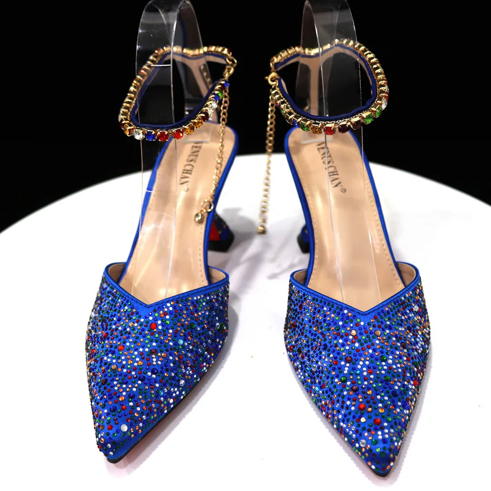 2023 Pointed Toe Heels Wedding Shoes for Women Bride Full Drilling Design Shoes With Matching Handbags for Ladies