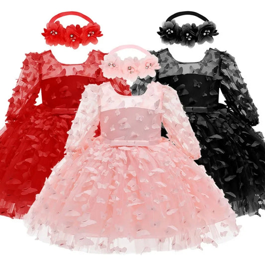 Kids Girl Princess Dress Toddler Long Sleeve Birthday Party Costume Butterfly Design Baby Girl Dress Summer Gauze Children Dress