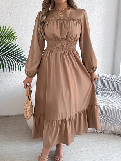 Autumn and Winter Casual Elegant Solid Color Round Neck Long Sleeved Waist Cinched Lotus Leaf Edge Dress Women Clothing