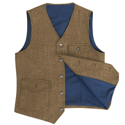 Men Vest Dark Green Herringbone Single Button V Neck Pocket Waistcoat For Wedding Party Business Work Daily Casual Men Suit Vest