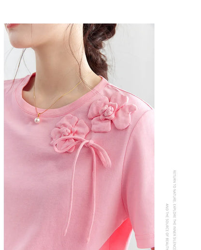 100% Cotton Summer T-Shirt Women 2026 Pink Tees Fashion Heavy 3D Floral Casual Crew Neck Short Sleeve Top A6182