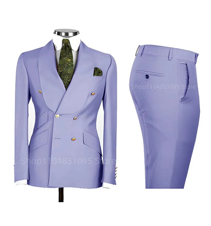 Smart Casual Solid 2 PCS Men Suits Formal Groom Tuxedos Shawl Lapel Double Breasted Jacket Pants Business/Wedding Suits Set