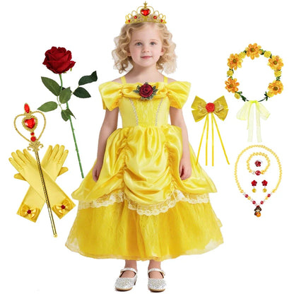 Girl Belle Dress Beauty Cosplay Costume Princess Deluxe Applique Outfit Children Birthday Party Elegant Gown Fairy Disguise Sets