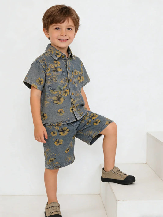 Boys Vintage Floral Print Denim Set Kids 2 Piece Short Sleeve Shirt and Shorts Children Loose Fit Casual Outfit 2026 New