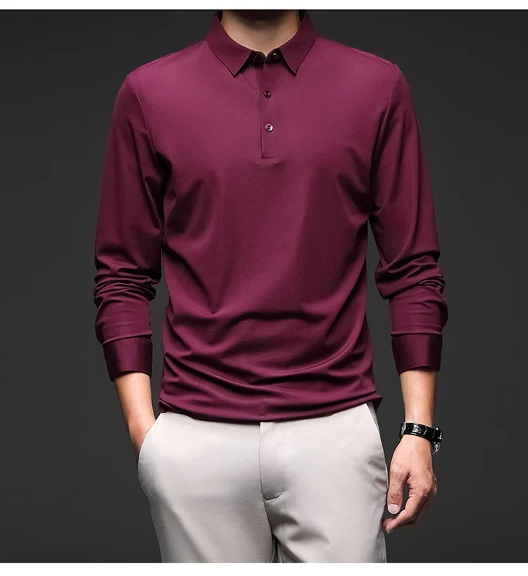 Mulberry Silk Men's Polo Shirts Luxury Long Sleeve Solid Color Golf Male T-shirts Spring Autumn Business Casual Man Tees