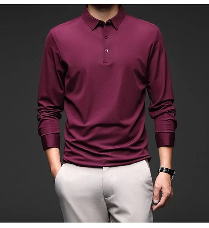 Mulberry Silk Men's Polo Shirts Luxury Long Sleeve Solid Color Golf Male T-shirts Spring Autumn Business Casual Man Tees