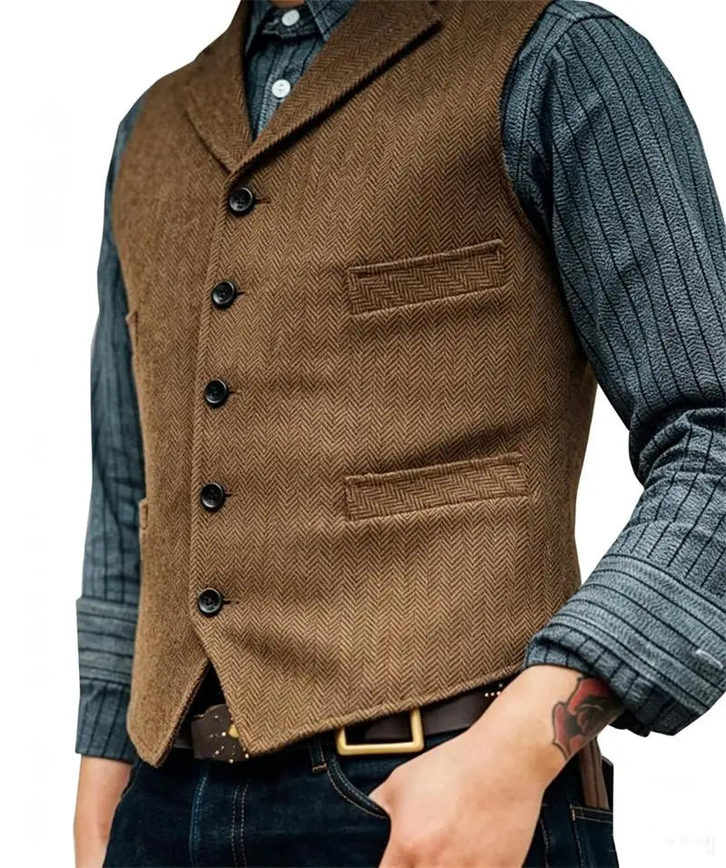 Men's Wool Tweed Suit Vest Lapel V Neck Sleeveless Herringbone Retro Casual Slim Fit Wedding Business Waistcoat for Tuxedos