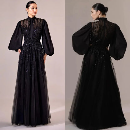 Customized Exquisite Net Sequined Pleat A-line High Collar Long Dresses Bespoke Occasion Intricate Chinese Style