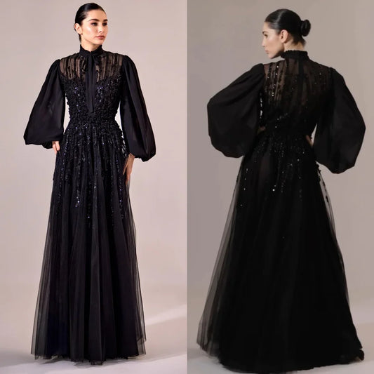 Customized Exquisite Net Sequined Pleat A-line High Collar Long Dresses Bespoke Occasion Intricate Chinese Style