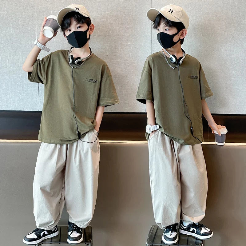 Teens Children's Summer Sets for Boys Clothing Cotton Set 2025 New Fashion Kids Loose Handsome T-shirt+ Lantern Pants Set Outfit