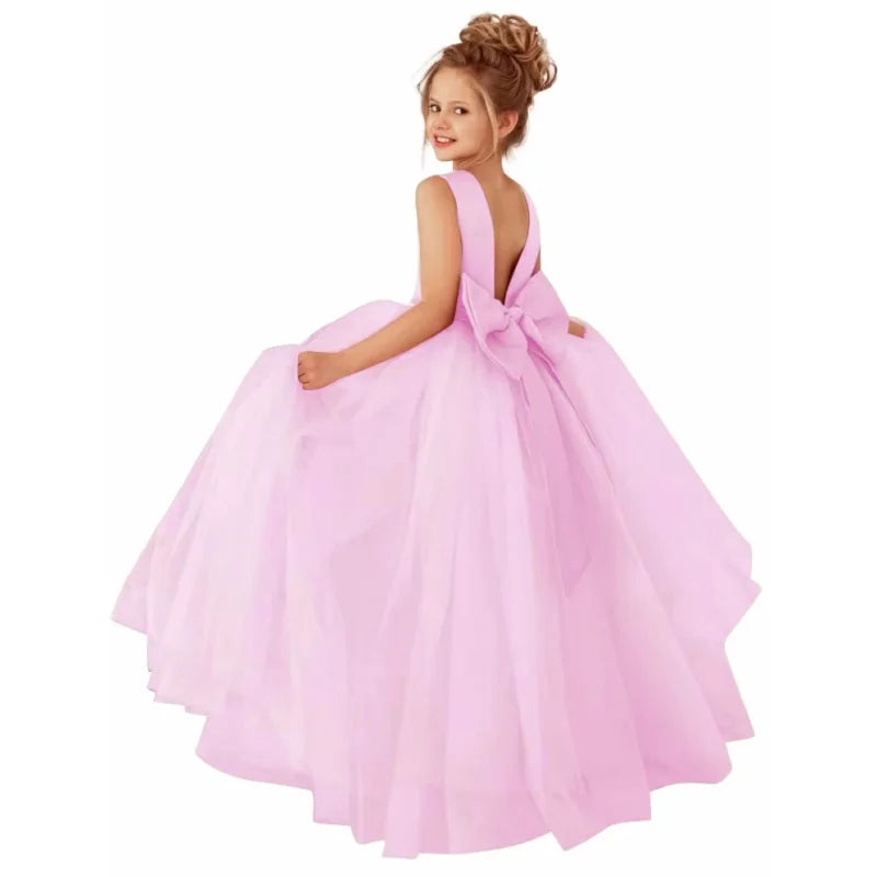 Customized Flower Girls Dress Dusty Pink Pearls Belt With Bow For Wedding Birthday Banquet Prom Ball Holy Communion Gowns