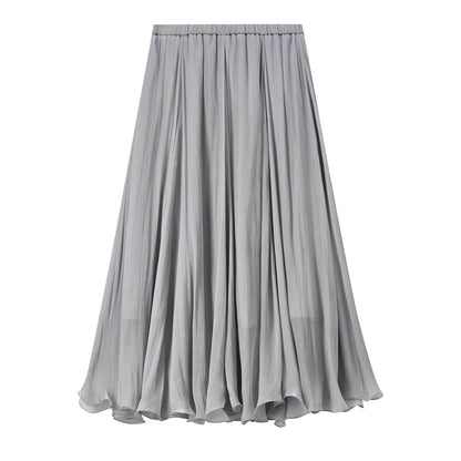 Women's Gray Elegant Skirt 2026 Summer Elastic Waist Sheen Flowy A Line Long Skirt for Woman Ladies Clothes 162QG4909