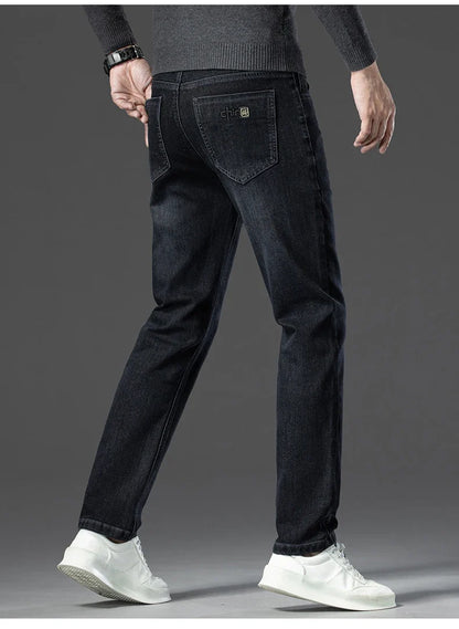 Winter Classic Business Men's Fleece Warm Jeans Straight Stretch Casual Thicken Denim Trousers Washed Fashion Velvet Male Pants