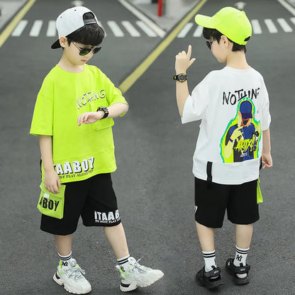 Kpop Boys Clothes Sets 2026 Summer Teen Kids Fashion Letter Print Short Sleeve T-shirt+Shorts 2Pcs Children Tracksuit Outfits