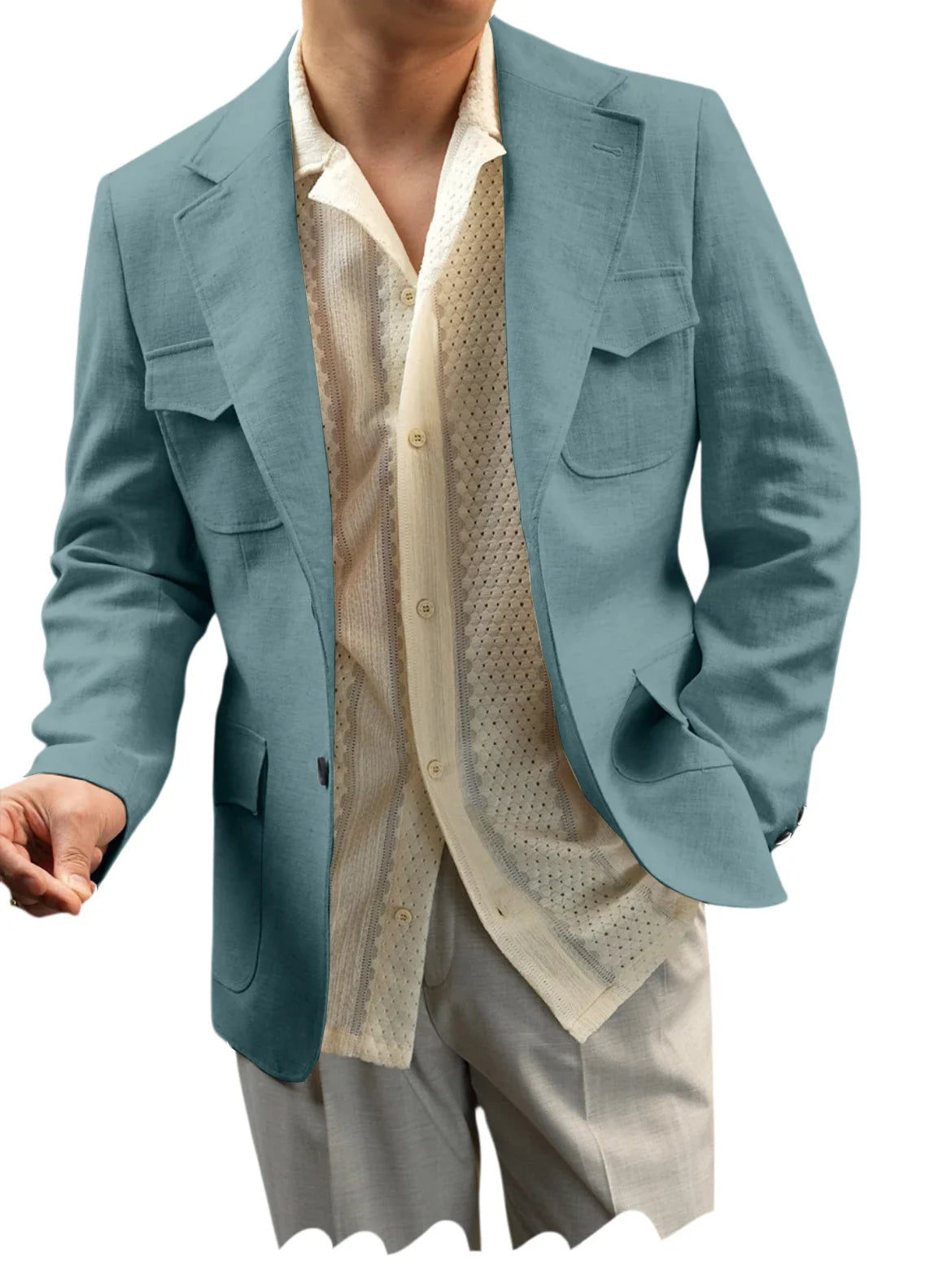 Classic Men's Linen Blazer Notched Lapel Slim Fit Breathable Elastic Suit Jacket with Flap Pockets for Wedding Prom Daily Wear