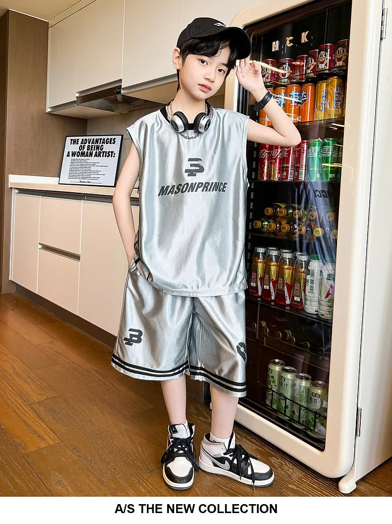 Summer Boys Quick-dry Glossy Alphabet T-Shirt Top+Shorts Sportswear Set School Kids 2PCS Tracksuit Children Jersey Outfit 5-16Yr