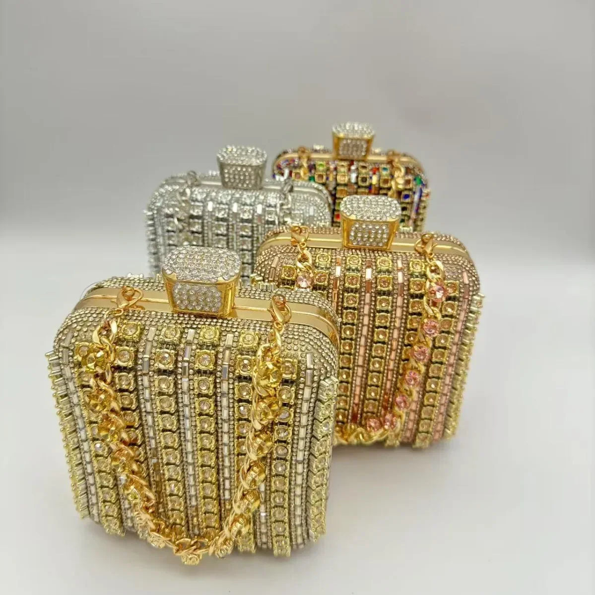 Handmade Diamond Encrusted Square Clutch Evening Bag Small Size Portable Sparkling Polyester Fiber Dinner Bag for Women