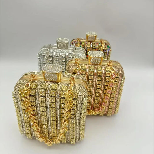 Handmade Diamond Encrusted Square Clutch Evening Bag Small Size Portable Sparkling Polyester Fiber Dinner Bag for Women