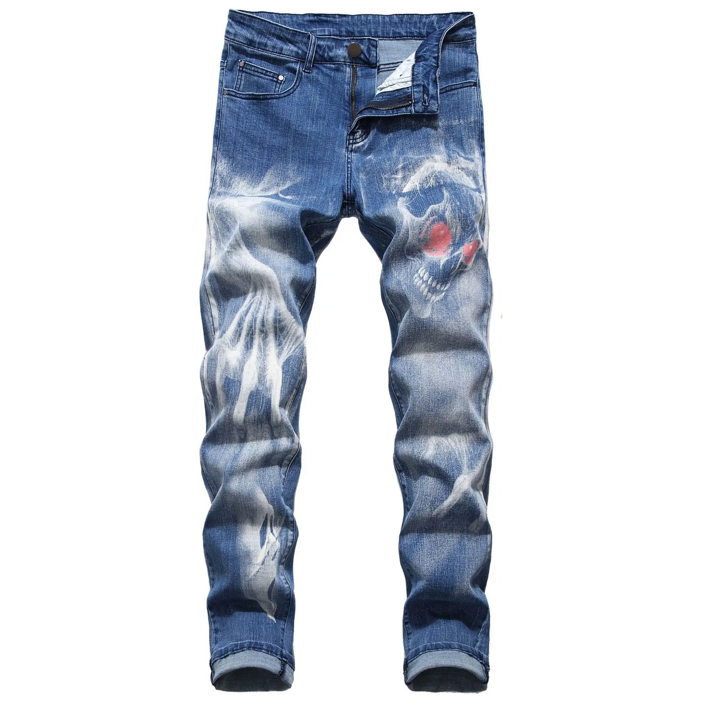 2026 Men's Blue 3D Printing Jeans, Black Wolf Pattern Printed Punk Straight Cotton Casual Print Denim Pants Asian Size 28-42