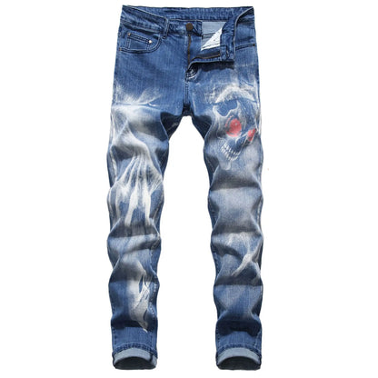 2026 Men's Blue 3D Printing Jeans, Black Wolf Pattern Printed Punk Straight Cotton Casual Print Denim Pants Asian Size 28-42