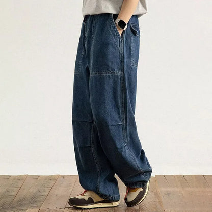 Spring And Autumn Japanese Style Oversized Straight Leg Jeans Loose Drawstring Workwear Pants Wide Leg Pants  Men'S Pants
