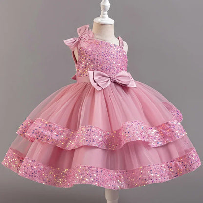 Fashion Birthday Dress Lace Mesh Bow Kids Girls Sequin Dress Summer Children Clothing Princess Ball Gown Pageant 1-6 Years