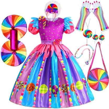 2025 Purim Festival Suspender Rainbow Dress For Girl Candy Lollipop Costume Party Gift Candy Dress + Lollipop Accessories Suit