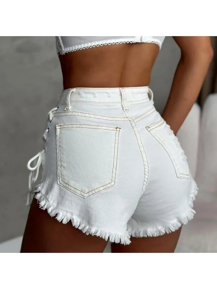 HOUZHOU Women's Cross-strap Shorts White Sexy High-Waisted Slim-Fit Denim Shorts Summer High Street Wrapped Hip Short Jeans
