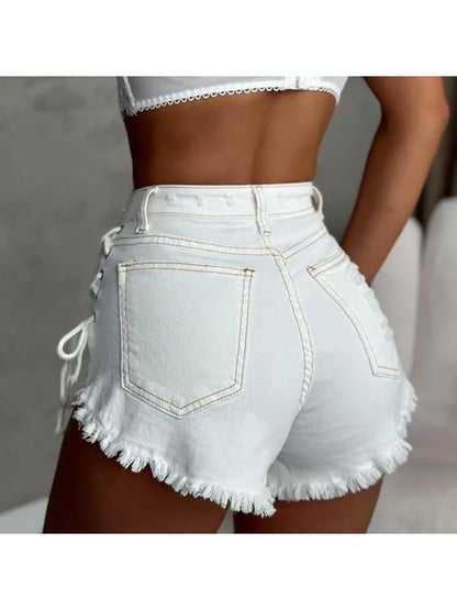 HOUZHOU Women's Cross-strap Shorts White Sexy High-Waisted Slim-Fit Denim Shorts Summer High Street Wrapped Hip Short Jeans