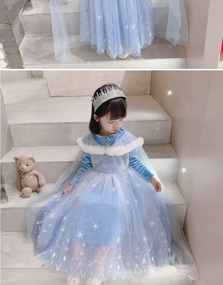 Girls' Spring 2026 New Velvet Elsa Frozen Princess Dress Kids Blue Cape 2 Piece Set Warm Dresses For Girl Party 3-9 Years Old ﻿