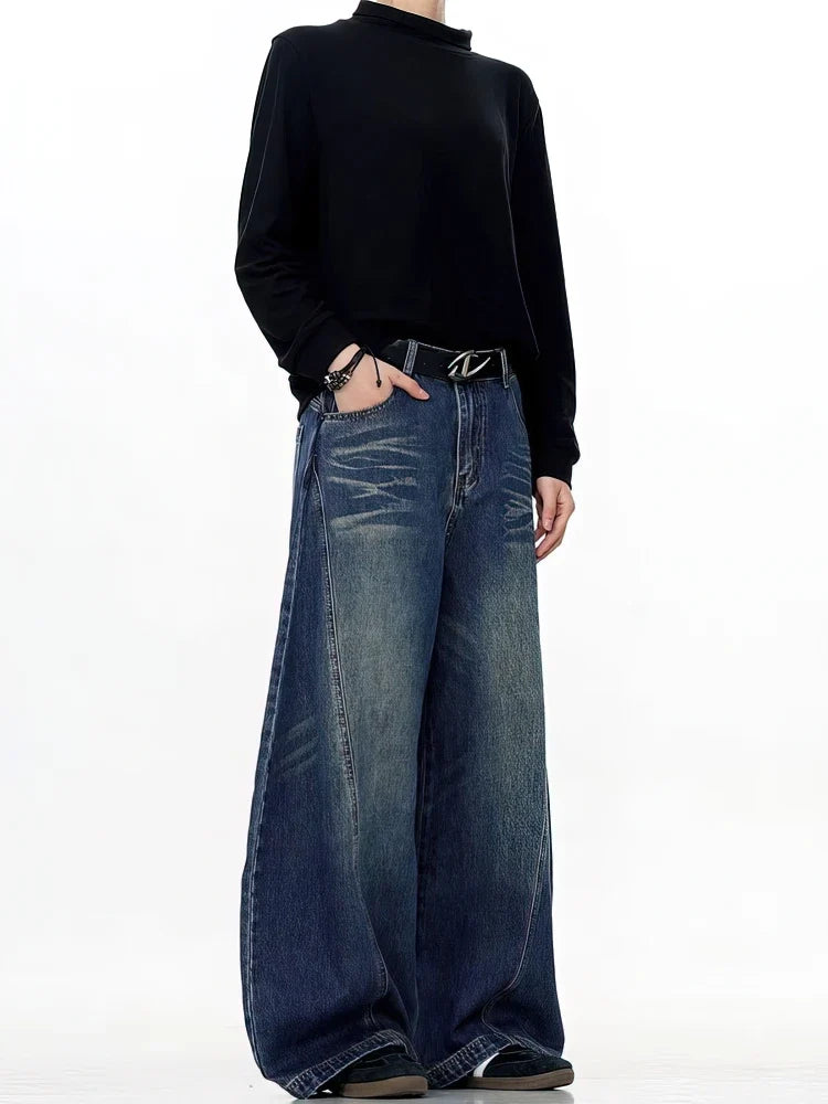 Vintage Black Washed Baggy Jeans Pants Men Wide Leg Curved Blade Pants Streetwear Cowboy Casual Denim Straight Trousers