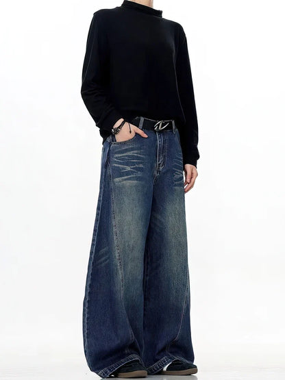Vintage Black Washed Baggy Jeans Pants Men Wide Leg Curved Blade Pants Streetwear Cowboy Casual Denim Straight Trousers