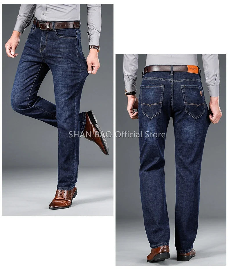 2024 autumn spring fitted straight stretch denim jeans classic style badge youth men's business casual jeans trousers