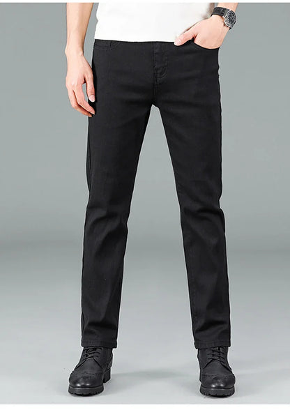 Men's Pure Black Slim Jeans Elastic Straight Pants Business Fashion Leisure Korean Vintage Skinny Small Feet Denim Pants Male