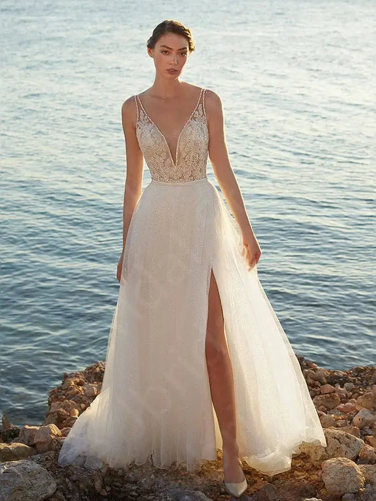 Customized New Arrival Wedding Dresses 2024 Summer Bridal Gowns Lace Beach Bride Dresses Thigh Slit Wedding Gowns Sleeveless
