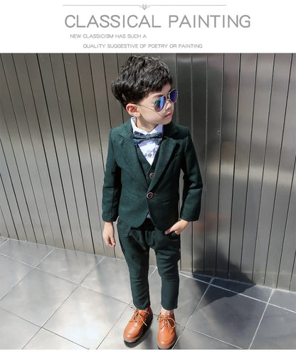 Boys Dark Green Formal Wedding Party Suit Children Blazer Vest Pants Tie 4 PCS Tuxedo Kids Performance Photography Dress Costume