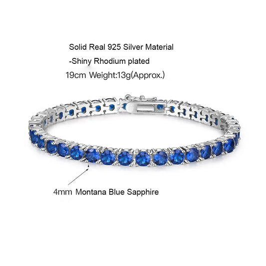 Bracelet de tennis en argent sterling 925, 4 mm, saphir, pierre bleue, pour femmes, fiançailles, mariage, bijoux fins, cadeau