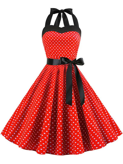 Women Polka Dot Print Summer Dress Sexy Retro White Halter Vintage Dress Robe Femme Pin Up Rockabilly Party Dress