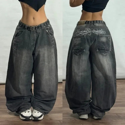 American New Fashion Oversized Pattern Printed Washed Jeans Men Y2K Gothic Rock Popular Casual Joker High Waist Wide Leg Pants