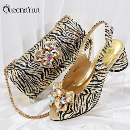 2025 Women Elegant Gold High Heel Shoe and Matching Bag Set with Rhinestone Accents Stylish Peep Toe Design for Party