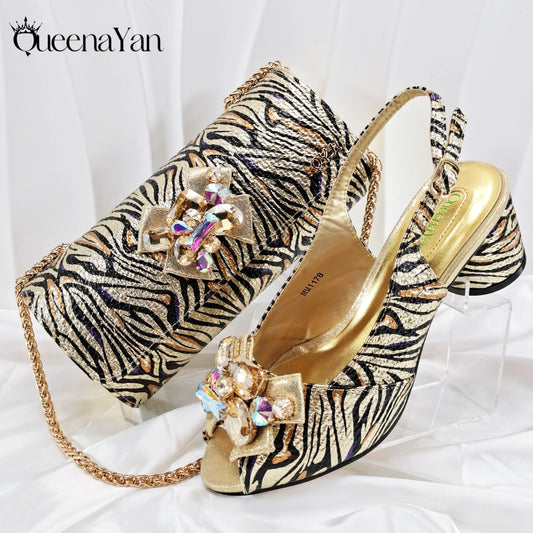2025 Women Elegant Gold High Heel Shoe and Matching Bag Set with Rhinestone Accents Stylish Peep Toe Design for Party