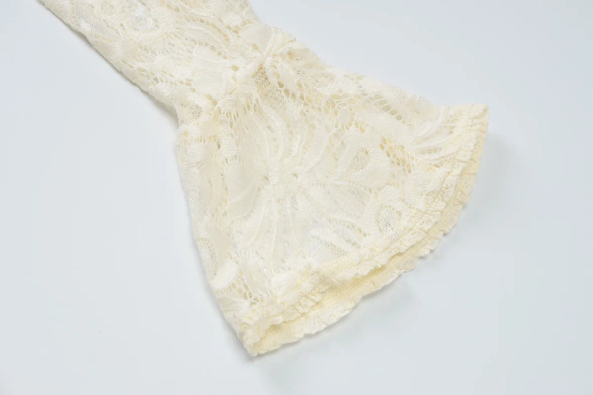 Turtleneck Long Flare Sleeve Patchwork Lace Hollow Out Button Sexy Mini Dress 2025 Spring Women Clothes Party Nightclub