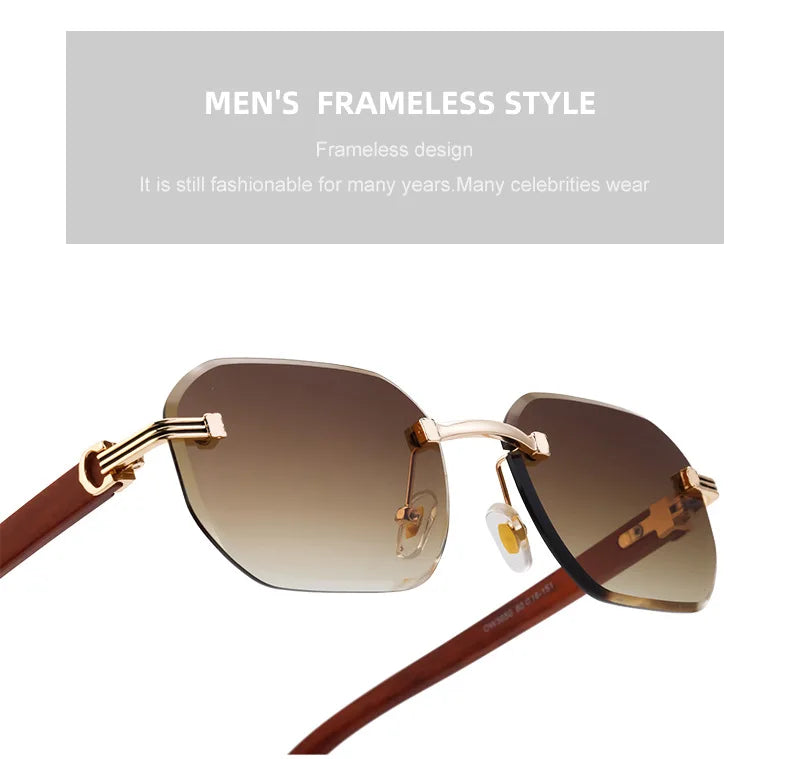 2026 Wooden Rimless Sunglasses Women Trendy Vacation Sunscreen Square Sunglass Men Luxury Vintage Retro Fashion Glasses Occhiali