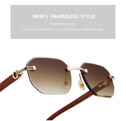 2026 Wooden Rimless Sunglasses Women Trendy Vacation Sunscreen Square Sunglass Men Luxury Vintage Retro Fashion Glasses Occhiali